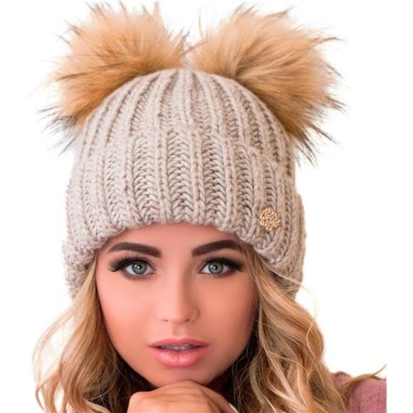 Women's Beanie Hat 2 Pom Cable Knit Winter Warm Fleece Hat Wool Cuff Ski Cap